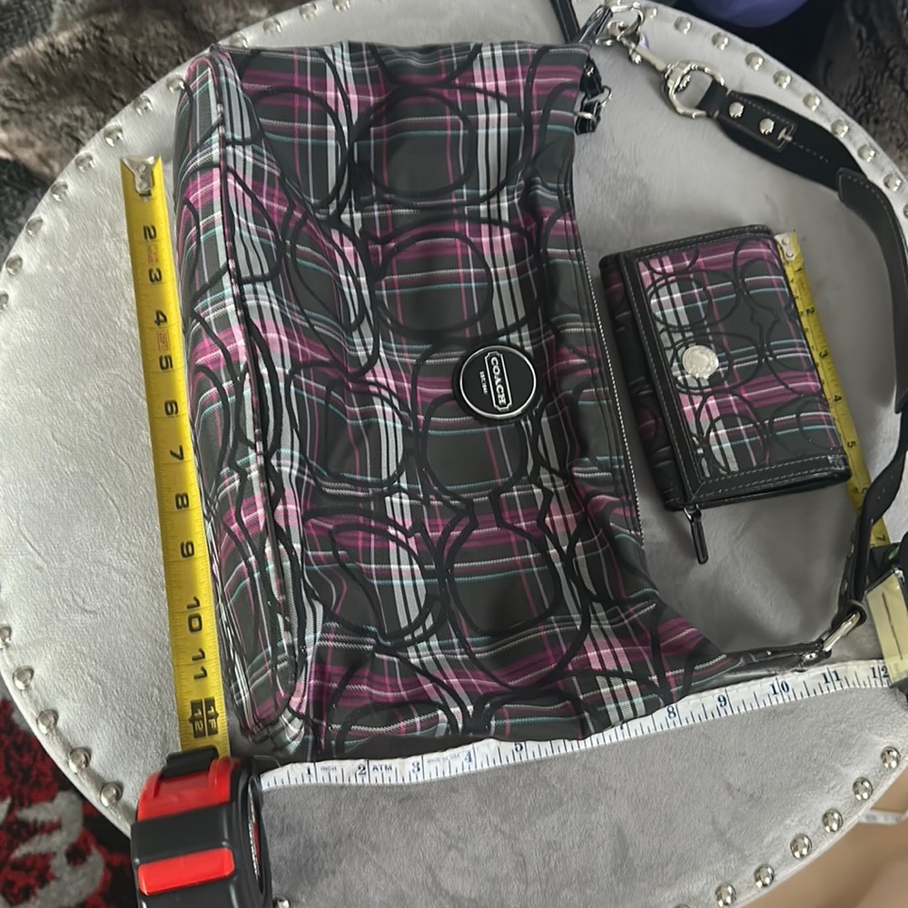 Coach Purse & Matching Wallet: Pink, Black, Grey Plaids with Hints of Glitter - Picture 2 of 16